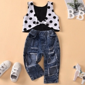 lovely Sweet Dot Print Blue Girl Two-piece Pants S