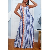 lovely Casual Striped Print Blue Maxi Dress