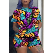 lovely Street O Neck Print Purple Two Piece Shorts