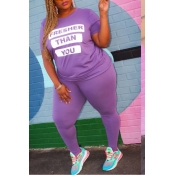 lovely Street Letter Print Purple Plus Size Two-pi