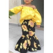lovely Stylish Floral Print Yellow Girl Two-piece 