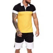 lovely Casual O Neck Patchwork Yellow Two-piece Sh