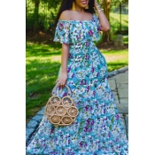 Lovely Bohemian Floral Print Blue Maxi Dress