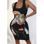 Lovely Leisure U Neck Print Black Knee Length Dres