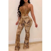 lovely Stylish Print Hollow-out Brown One-piece Ju