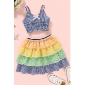 lovely Sweet Grid Print Multicolor Girl Two-piece 