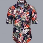 Lovely Men Bohemian Turndown Collar Plants Print D