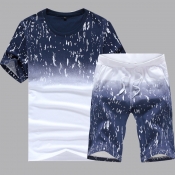 Lovely Men Casual O Neck Print Deep Blue Two-piece