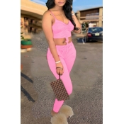 lovely Sexy Fold Design Pink Two Piece Pants Set