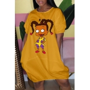 lovely Casual O Neck Cartoon Print Yellow Mini Dre