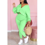 Lovely Casual Zipper Design Green Plus Size Two-pi
