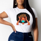 Lovely Street O Neck Print White T-shirt