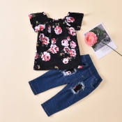 lovely Casual Floral Print Black Girl Two-piece Pa