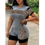 lovely Casual O Neck Print Patchwork Grey Two Piec