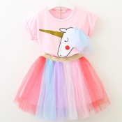 lovely Casual O Neck Print Pink Girl Two-piece Ski