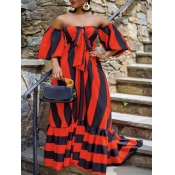 Lovely Bohemian Dew Shoulder Striped Red Maxi Dres