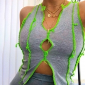 Lovely Casual Patchwork Front Slit Grey Camisole