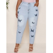 lovely Casual Butterfly Print Baby Blue Plus Size 