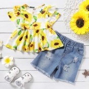 lovely Stylish Floral Print Yellow Girl Two-piece 