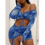 LW SXY Stylish Tie Dye Fold Design Blue Two Piece 
