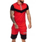 Men Lovely Casual Patchwork Red Two-piece Shorts S