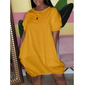 LW Casual O Neck Loose Yellow Knee Length Dress