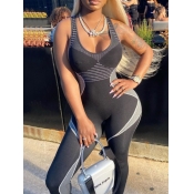 lovely Sportswear Print Patchwork Black One-piece 