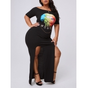 Lovely Plus Size Lip Print Black Dress
