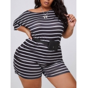 lovely Casual Striped Black Plus Size Two-piece Sh