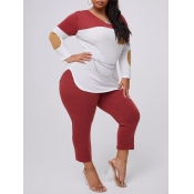 lovely Casual Patchwork Red Plus Size Two-piece Pa