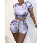 lovely Leisure O Neck Grid Print Purple Two Piece 
