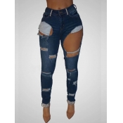 Lovely Stylish Hollow-out Deep Blue Jeans