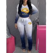 LW Sportswear O Neck Lip Print Fold Design Blue Tw