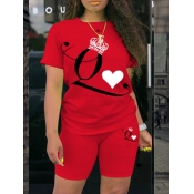 lovely Street O Neck Letter Print Red Two Piece Sh
