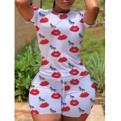 LW Leisure O Neck Lip Print White Two Piece Shorts