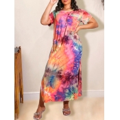 lovely Casual O Neck Tie-dye Rose Red Ankle Length
