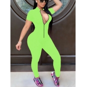 lovely Sportswear Zipper Design Green One-piece Ju
