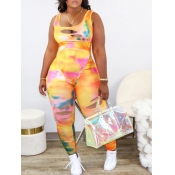 lovely Trendy U Neck Tie-dye Tear Yellow Plus Size