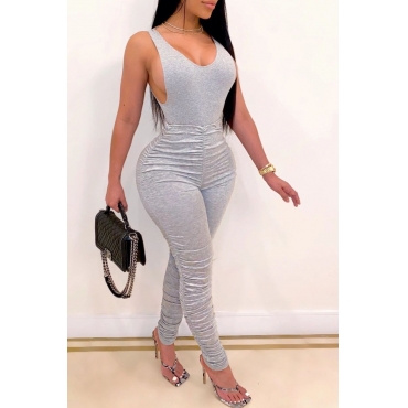 

Lovely Casual U Neck Fold Design Grey Two Piece Pants Set