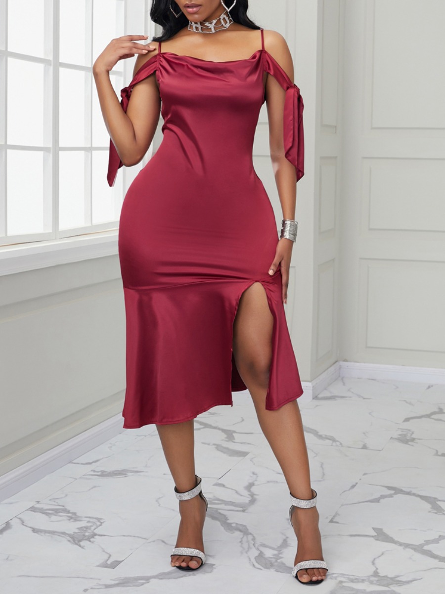 

lovely Sexy Hollow-out Flounce Design Red Mid Calf Dress