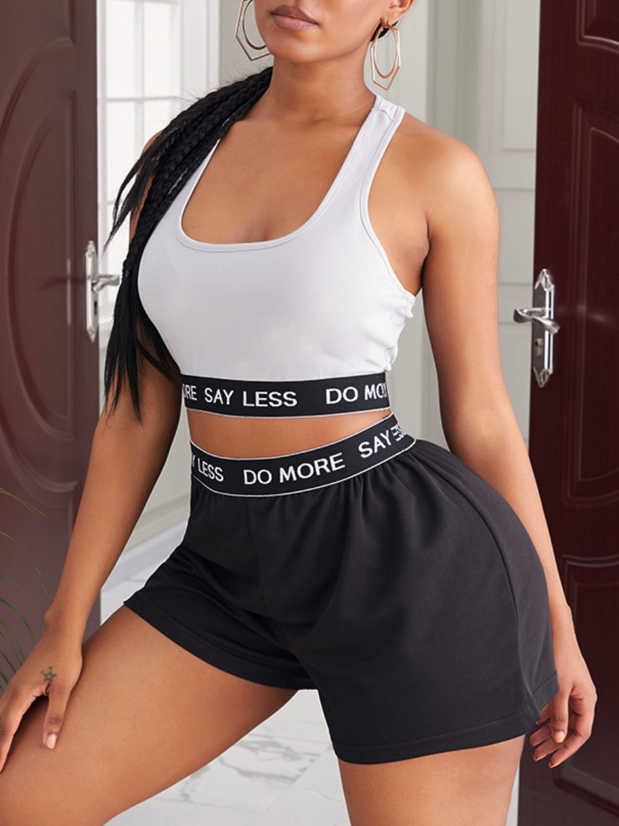 

lovely Sportswear U Neck Letter Print Black Two Piece Shorts Set