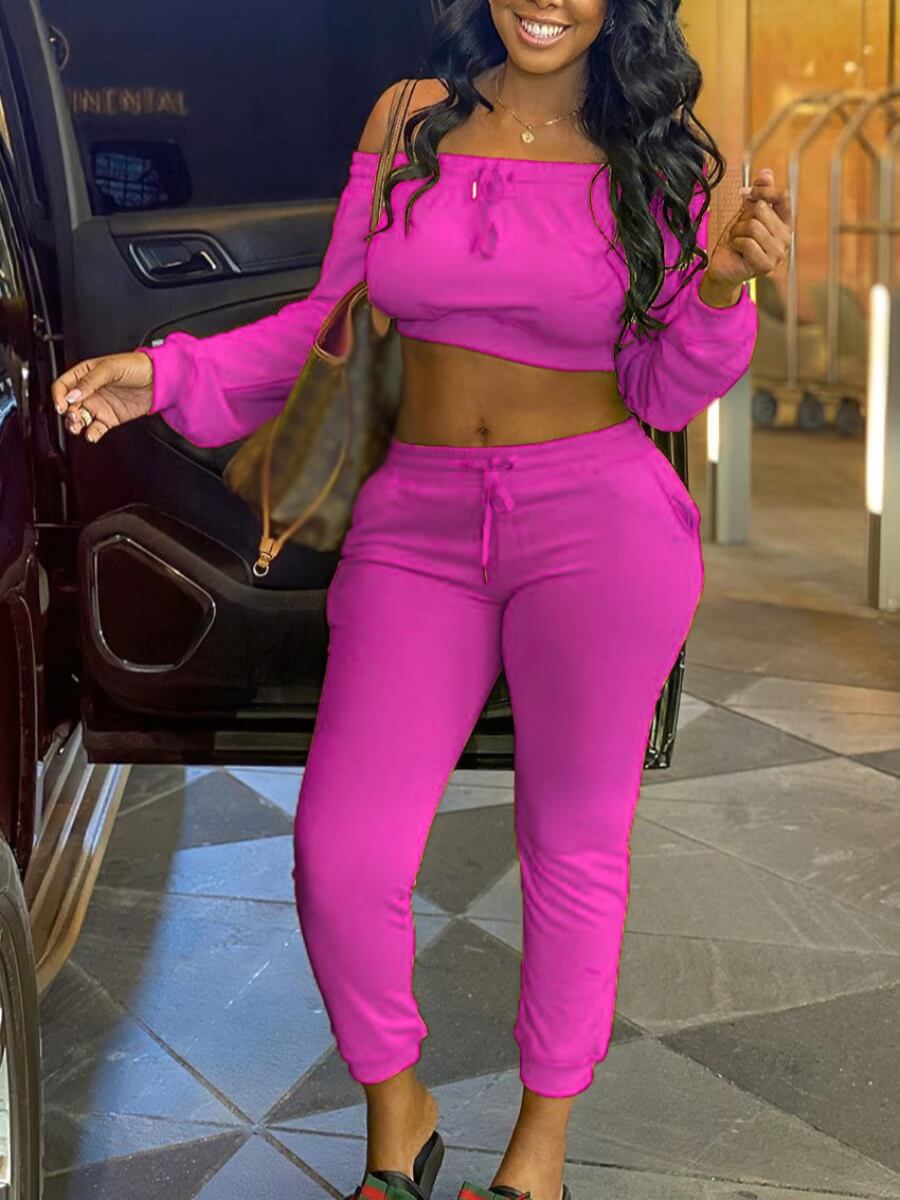 

LW Off The Shoulder Drawstring Pants Set, Rose red
