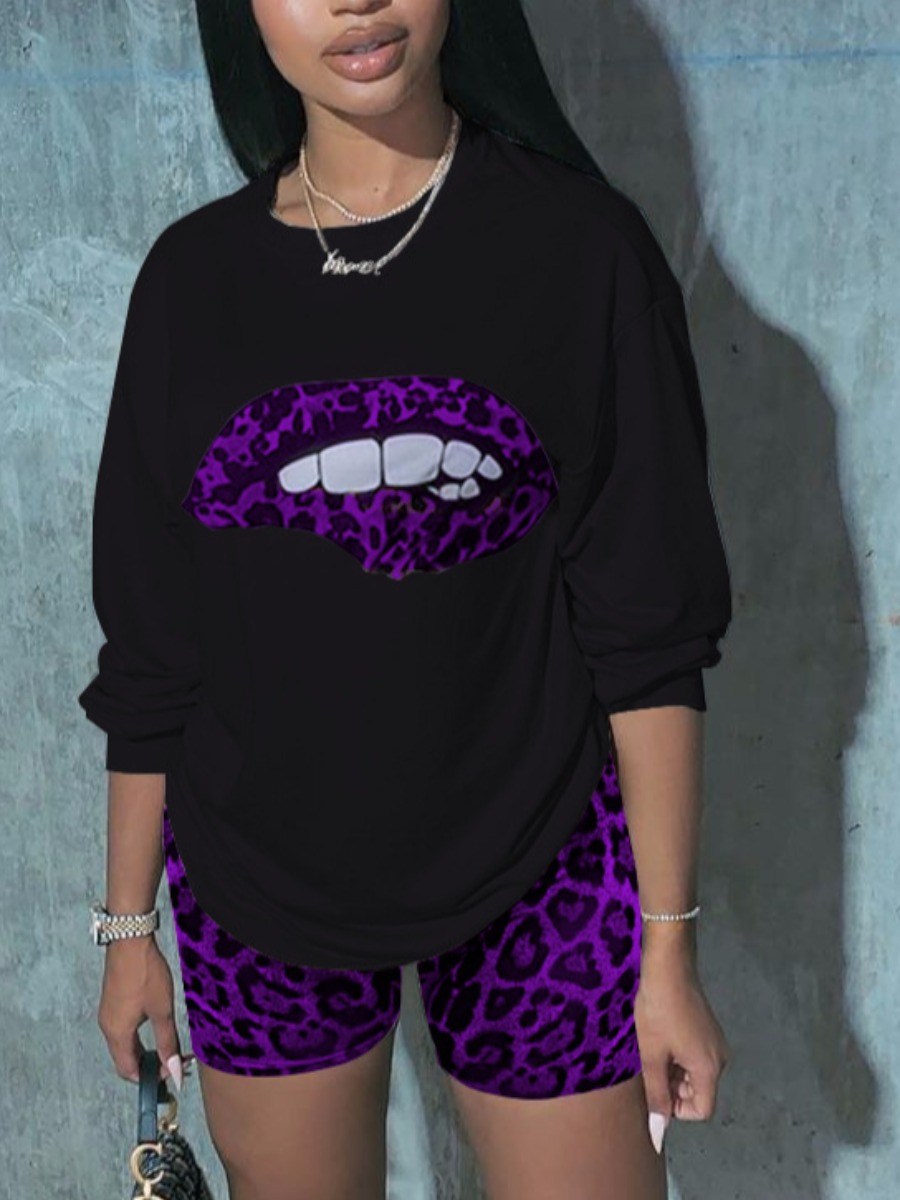 

lovely Leisure O Neck Lip Print Purple Two Piece Shorts Set