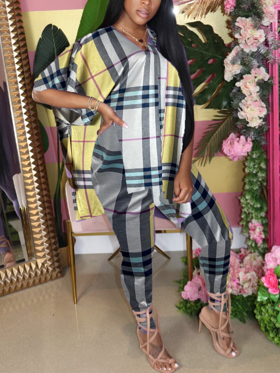 

lovely Street V Neck Grid Print Yellow Two Piece Pants Set