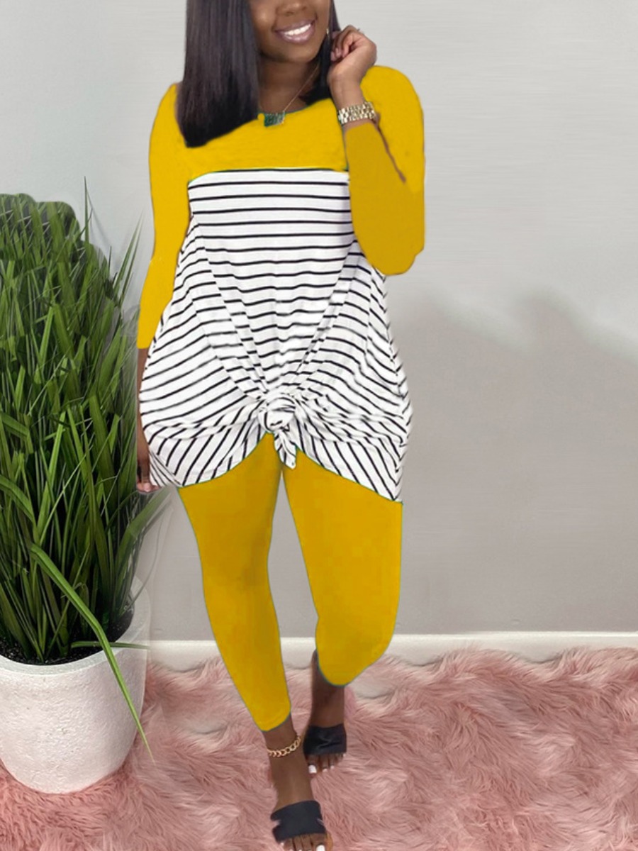 

lovely Casual O Neck Patchwork Yellow Two Piece Pants Set