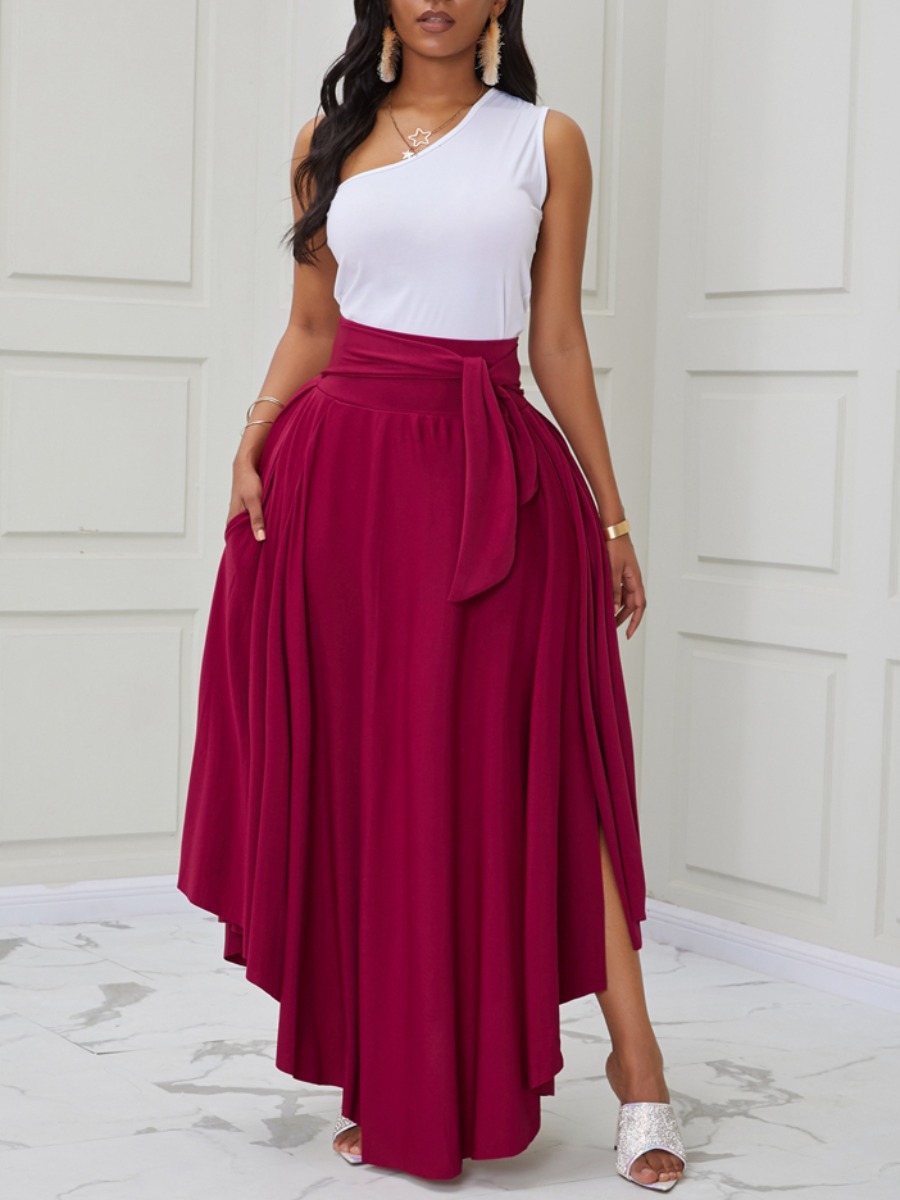 

lovely Leisure One Shoulder Fold Design Purplish Red Two Piece Skirt Set