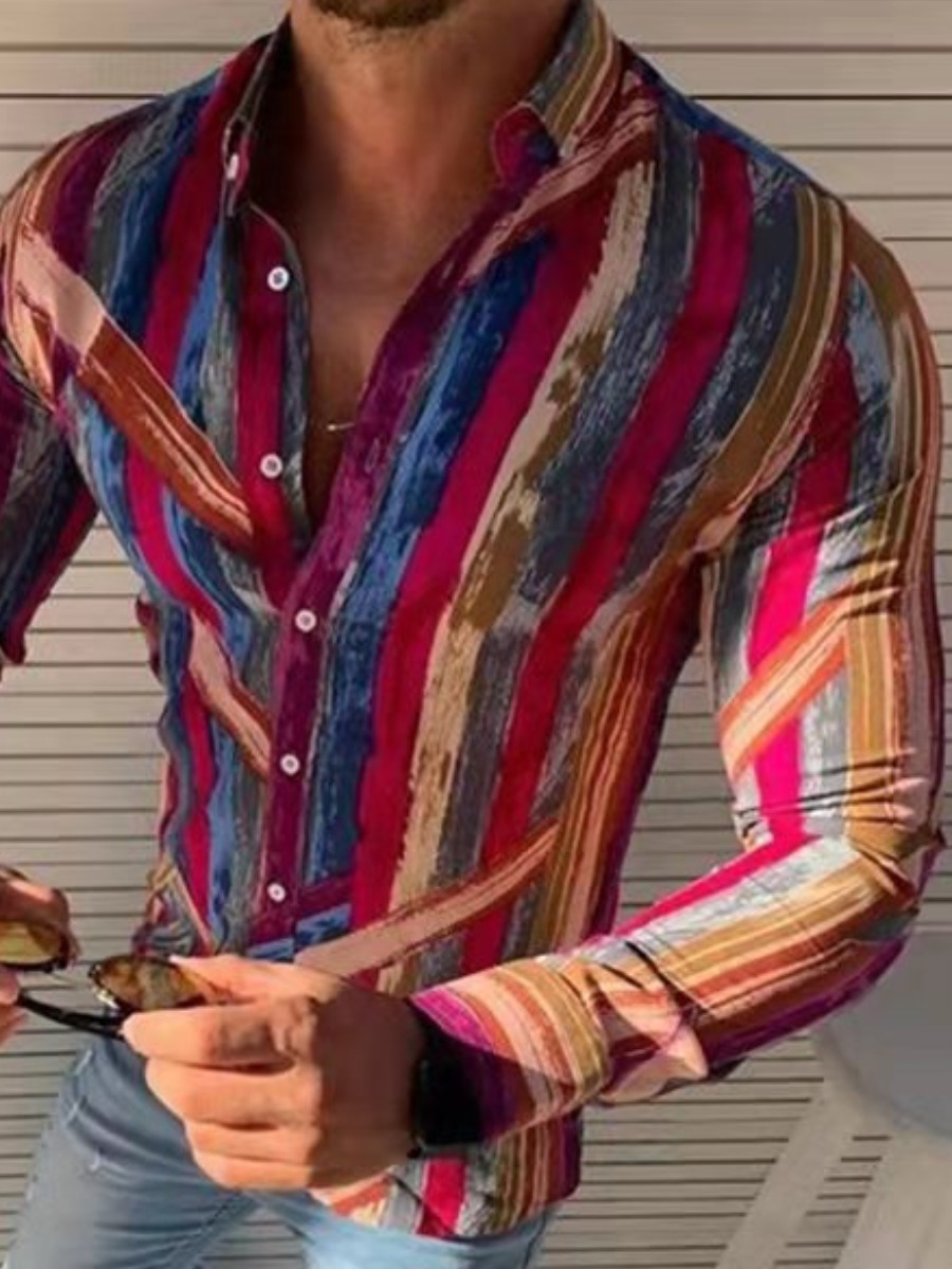 

lovely Stylish Turndown Collar Striped Print Wine Red Shirt