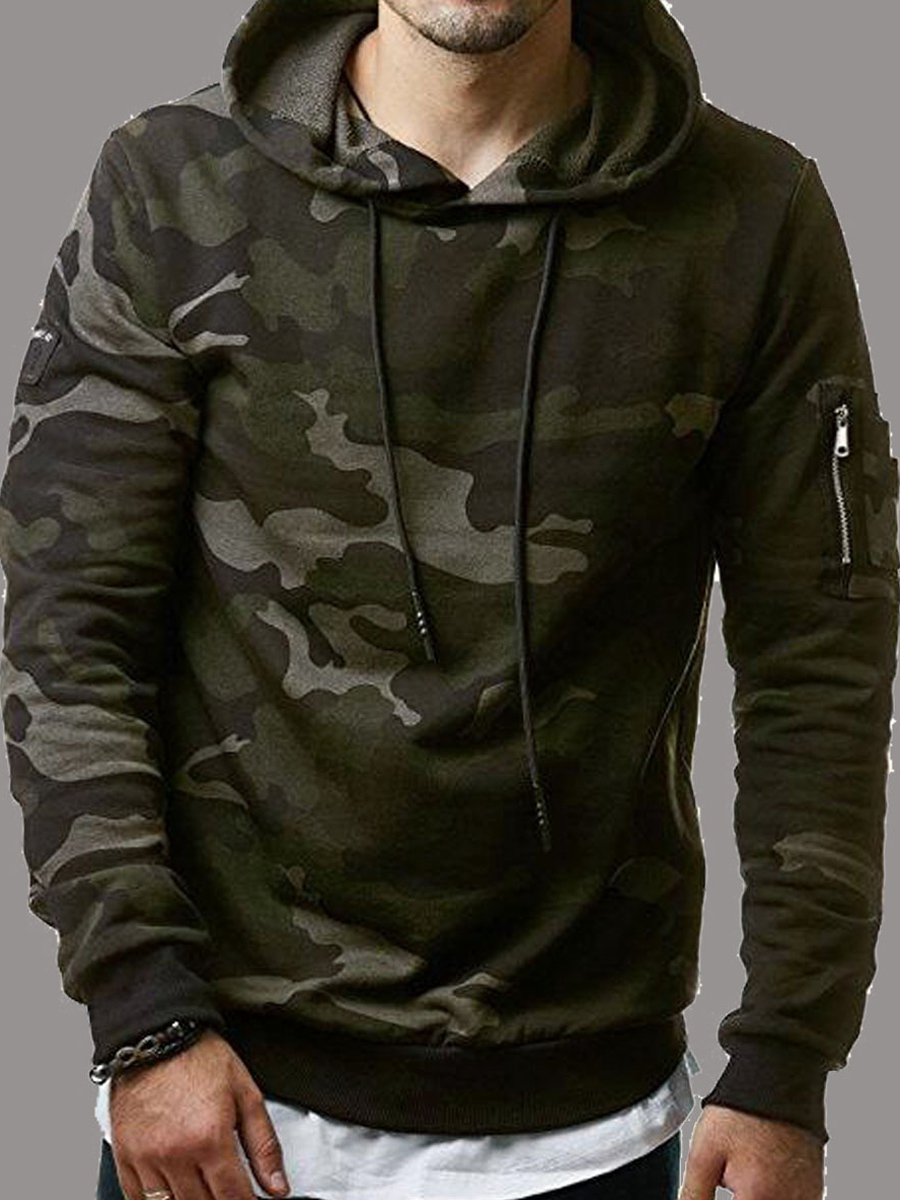 

LW Men Street Hooded Collar Camo Print Army Green Hoodie, Army green camouflag