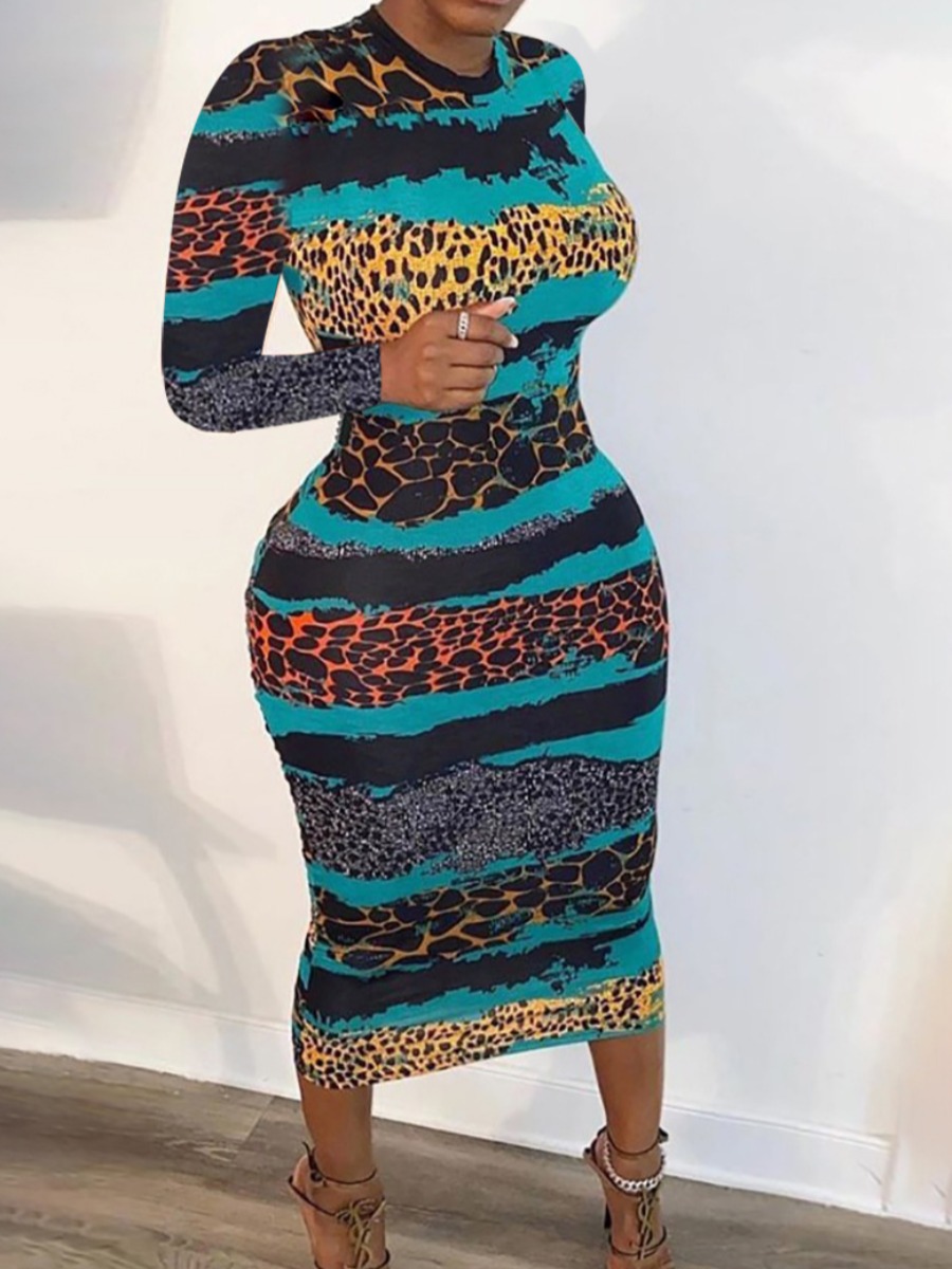 

lovely Trendy O Neck Print Patchwork Blue Mid Calf Dress