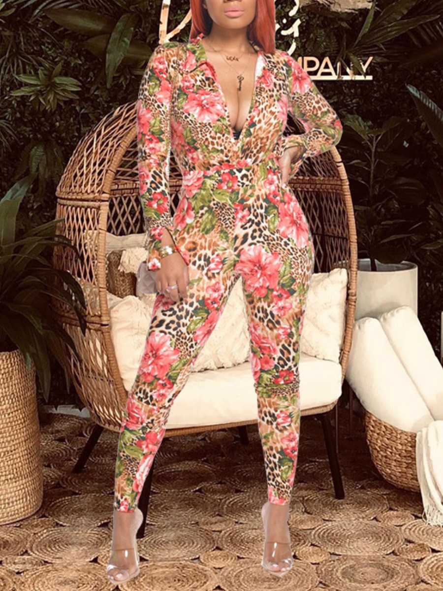 

lovely Trendy V Neck Floral Print Red One-piece Jumpsuit